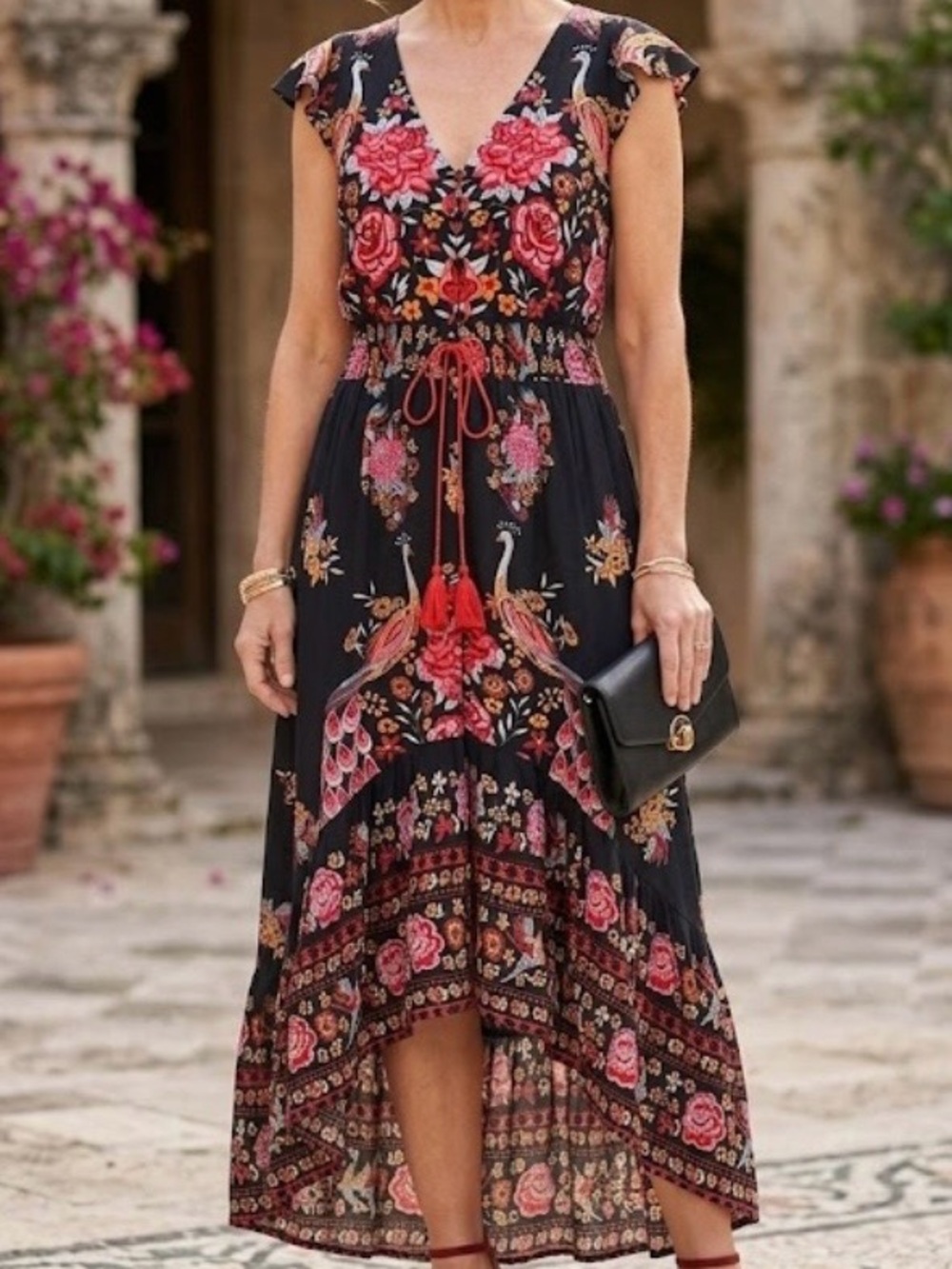 Elegant Floral Maxi Dress in Black and Pink